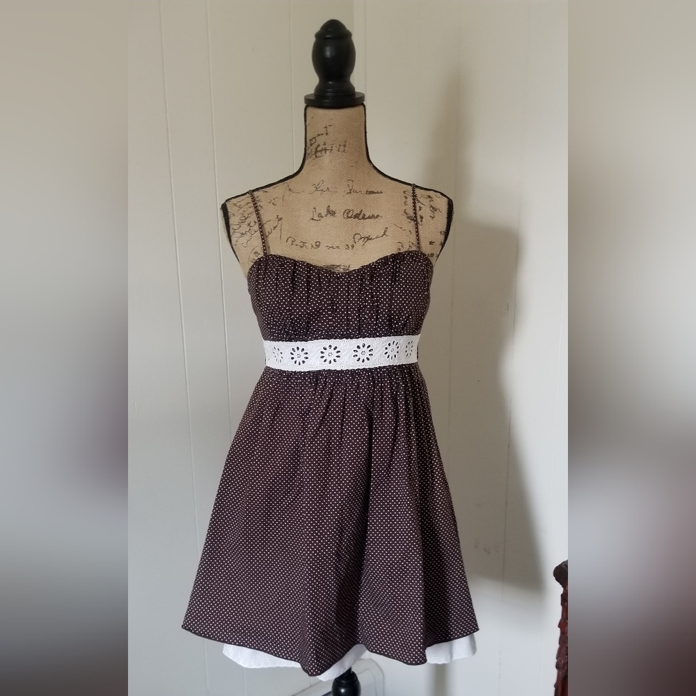 Speechless Brand Adorable Babydoll Sundress Brown W/White Polka Dots & Daisies